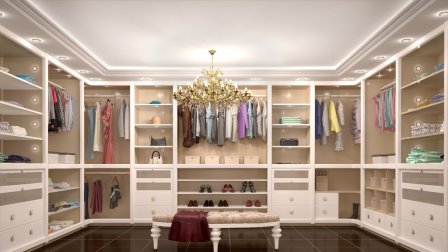 chandelier, tile floor, white closet